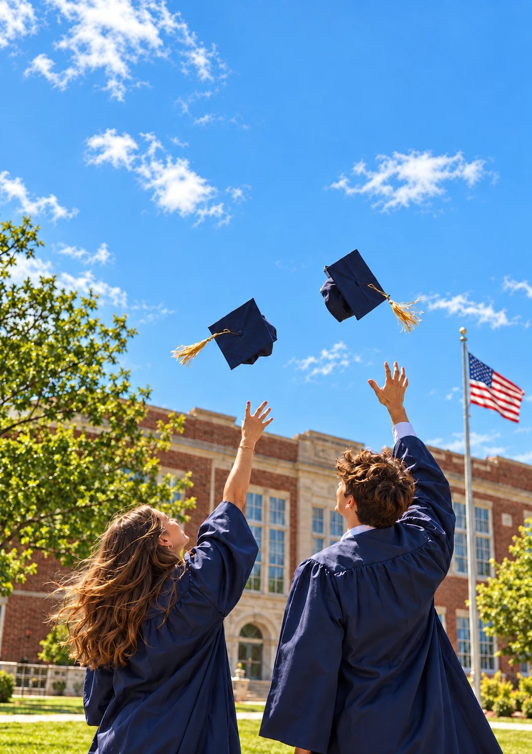 Due studenti lanciano il tocco alla cerimonia di diploma di una high school americana